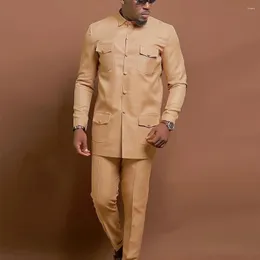 Fatos masculinos vestido de casamento single-breasted terno de duas peças camisa cor sólida manga longa social estilo nacional africano roupas