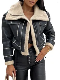 女性用ジャケット秋の冬女性フェイクレザーバイカージャケット毛皮トリミングカラーヴィンテージモトコート温かい女性アウターウェア