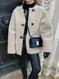 レディースジャケットの女性ファッションソリッドラムスウールホーンボタンコートルーズオブネックシングルブレストトップトップウィンターレディエレガントダッフルジャケット231016