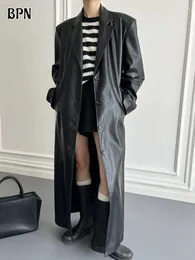 Couro feminino bpn streetwear jaquetas para mulher gola entalhada manga longa retalhos rendas acima do solo emagrecimento casaco vintage roupas femininas