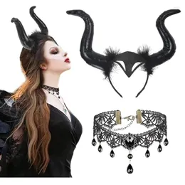 Party Supplies 2pcs Devil Costumes Halloween Prop Ears Headband Horns Headpiece Necklace Sets Cosplays Performances Drop