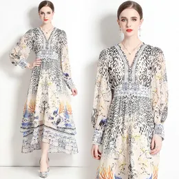Butik butikowy szyfonowa sukienka z długim rękawem maxi sukienka maxi letnia jesienna lamparta sukienki z nadrukiem