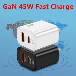 GaN Fast Charge 2 portas carregadores de telefone 45W Adaptador de carregador rápido USB-C PD 20W 25W Carregador tipo C QC3.0 Carregamento rápido para iPhone 15 14 13 12 Samsung Xiaomi