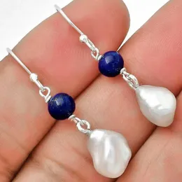 Kolczyki Dangle White Baroque Pearl Pendant Lapis Lazuli 925 Silver DIY Halloween Hook Solid Ear Stud Easter Carnival Woman