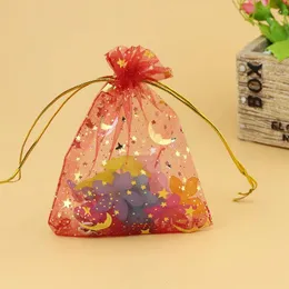 Jewelry Pouches 200pcs/lot 7x9cm Star Moon Drawstring Pouch Bag Red Organza For Gift Packaging Small Wedding Favor Wholesale