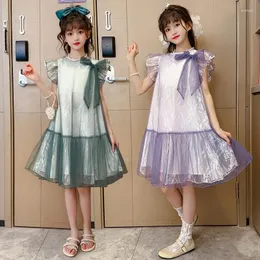 소녀 드레스 여자 드레스 2023 Bowtie Purple Princess Big Bow Baby Shiny Gauze for 4 6 7 9 11 년