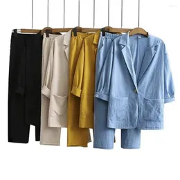 Women's Two Piece Pants Office Lady Blazer Suit Casual Outfit Lapel 3/4 Sleeve Single Button Pockets Coat Cardigan Jacket Wide Leg Long Set