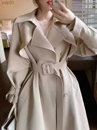 여자 재킷 2023 새로운 여성 고급 카키 트렌치 코트 스프링 가을 숙녀 망토는 벨트 한국 패션 트렌치 코트 Fe Windbreakersl231016