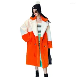 Manteau Long en fausse fourrure pour femme, Orange, blanc, veste en peluche, Blazer d'hiver à revers, Teddy moelleux, à la mode, Chamarras Para Mujeres, 2023