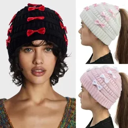 Bola bonés adolescentes manter quente beanie bowknot decoração chapéu de malha inverno dirigindo para meninas meninos