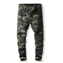 Mens Camuflagem Dobra Jeans Skinny Designer de Moda Bolso Painéis Causais Camo Stretch Denim Calças Hip Hop Calças 278g