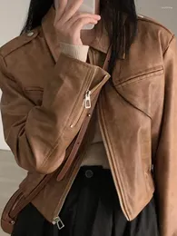 Women's Leather FTLZZ Spring Autumn Vintage Moto Bike PU Coat Women High Street Casual Turn-down Collar Zipper Faux Short Jacket