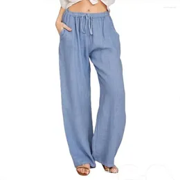 Women's Pants Women Cotton Linen 2023 Autumn Vintage Solid Elastic Waist Loose Straight Trousers Female Casual Drawstring Wide Leg