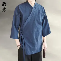 Etnik Giyim Erkekleri Çin Geleneksel Stil Tişört Keten Gevşek Hanfu Üstler Gömlek Robe Zen Antik Retro Tang Bluz Ceketleri