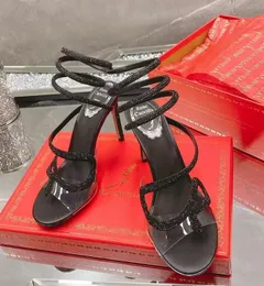 Summer Luxury Women Morgana Sandals Shoes Suede Crystal Strappy Embellished Velvet Red Black High Heels Renecaovilla Bridal Wedding Dress
