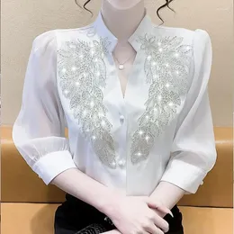 Bluzki damskie Glitter cekin biała koszula kobiety luksusowe liście diamenty elegancka bluzka damska moda moda w dekolcie w szyku lucie guziki na guziki górne