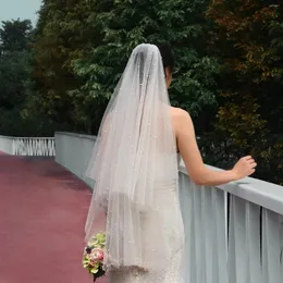 Bridal Veils V91 Sparkle Wedding Veil Drop 2 poziomy Perły Pela Miękki tiul z grzebieniami Akcesoria dla panny młodej