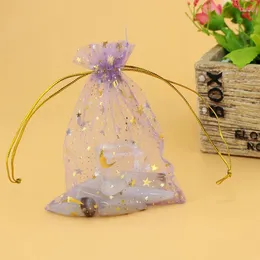 Jewelry Pouches 200pcs/lot Violet Color Star Moon Pattern Organza Bags 7x9cm Wedding Favour Gift Bag Jewellery