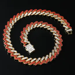 Collana girocollo da uomo con catena Hip Hop Cuba, esagera la geometria, rosso, bianco, diamante, cristallo, oro 18 carati, argento, Miami, collane, gioielli con bracciale