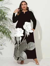 Sukienki plus size 2023 Rozmiar jesienny zima długa Dres czarna v szyja luźna elegancka impreza kwiatowy nadruk vintage na plaży 231016