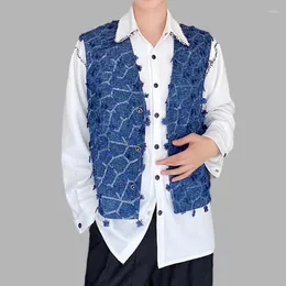 Erkek yelek el yapımı metal pullu eklenmiş kot yelek tek göğüslü kolsuz erkek sokak kıyafeti moda gündelik yelekler
