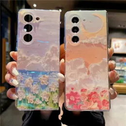 携帯電話のケースBlu-ray Oil Painting Flowers Samsung Galaxy Z Fold 3 4 5 5G保護カバーFold5 Fold4 Shelll2310/16の電話ケース