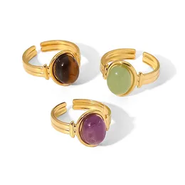 INS Network Red Same 18K Gold-plated Stainless Steel Ring Oval Tiger Eye Green/Purple/Brown Half Gemstone Open Ring for Women