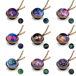 Personality Galaxy Nebula Universe Glow-In-The Dark Double Sided Glass Pendant Necklace Clavicle Chain