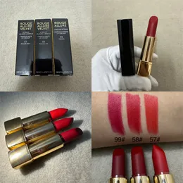 Marke Classic Black Tube gepresster Lippenstift Luxus Girl Lady Lip Cosmetics #57 #58 #99 3-Farben-Stocktube Hochwertiger Lipgloss Rouge Allure Velvet Le Rouge Velours 3,5 g