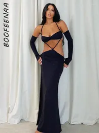 Casual Dresses BOOFEENAA Hollow Cross Halter Maxi With Sleeves Sexy Elegant Women Black Party Dress Fashion 2023 Fall C85-DZ28