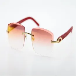 Venda de óculos de sol sem aro com corte de diamante 3524012-A, óculos de sol de prancha vermelha, óculos de metal de alta qualidade, unissex, armação dourada, Eyewear304e