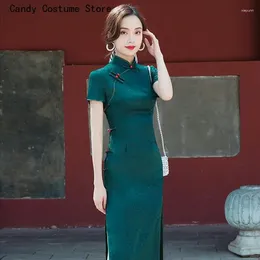 Ethnic Clothing Summer Qipao Long Split Dress Dark Green Cheongsam Elegant High-end Girl Improved Vintage Chinese Style