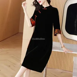 Ethnische Kleidung 2023 Chinesischer Stil Samt Cheongsam Kleid Herbst Retro Gericht Schnalle Halbarm Lose S764