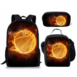Mochila juvenil Ice Fire Basketball Ball Impresión 3D 3 unids/set Bolsas de viaje para estudiantes Mochila para computadora portátil Bolsa de almuerzo Estuche para lápices