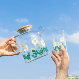 Weingläser Glastasse Nordic Daisy Transparente Wasserflasche Küche Süßes Saftmilchgetränk mit Deckel Trinkgeschirr Tee