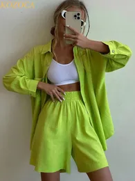 Women s Tracksuits Summer Two Piece Set Women Shorts Suit Green Lapel Long Sleeve Shirts Sets Female Elegant Casual High Waist Pants Lady Outfits 231016