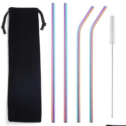 Drinking Straws Metal Reusable 304 Stainless Steel Straight Bend St With Case Cleaning Brush Set Party Bar Attachment Inventory Whol Dh5Pl