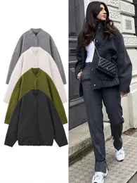 Jaquetas masculinas VOLALO Mulheres Bolso Decorativo Botão Escondido Solto Versátil Oversized Bomber Jaqueta Redondo Pescoço Manga Longa Casual Top Casacos