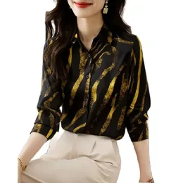Luxury Vintage Striped Black Blouses Woman Designer Satin Long Sleeve Blouses Autumn Winter Lapel Button up Blouses 2023 Office Ladies Casual Versatile Runway Tops