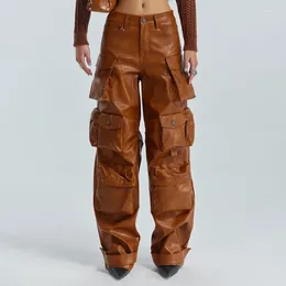 Women's Pants Women Capris 2023 Autumn Multi Pockets High Waist Leather Trousers Loose Casual All Match Long PU Cargo