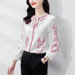 Retro Print White Woman Blouses Designer Lace Up Bow Neck Runway Satin Blouse Autumn Winter O-Neck Elegant Graphic Tops 2023 Office Ladies Casual Versatile Top