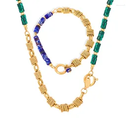 Collana e orecchini set personalizzati di lusso placcati in oro 18 carati in acciaio inossidabile fatto a mano con catena in pietra semipreziosa braccialetto naturale per donna
