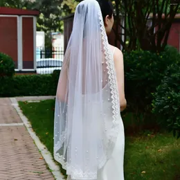 Véus nupciais v168 curto véu de casamento pérola frisado 1 camada ponta do dedo renda borda mantilla acessórios de cabelo macio para noiva