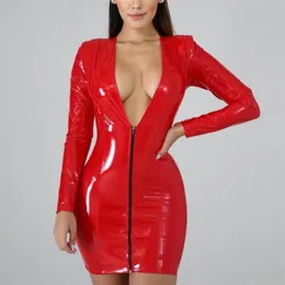 Casual Dresses Wet Look Plus Size Long Sleeve Deep V-neck Faux Latex PU Leather Dress Package Hip Shiny PVC Minifalda Sexy Clubwea330z