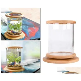 Akvarier 360 grader roterande glas betta fiskbehållare bambu bas mini dekoration rotera skål akvarium tillbehör för kontor9327309 d dhmiw
