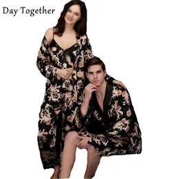 Пара кимоно с принтом дракона, мужские пижамы, черная шелковая атласная ночная рубашка, женские сексуальные ночные рубашки, халат, одежда для сна Pajam2474