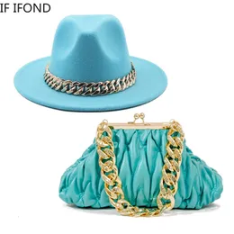 Breda Brim Hatts Bucket Fedoras och Bag 2 Piece Set For Women Golden Chain Leather Hat Fashion Party Wedding Jazz Chapeu Feminino 231013