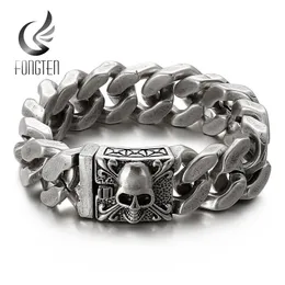 Chain Fongten Gothic Skull Armband för män Ancient Silver Color Rostfritt stål Kubansk tung armband Bangle Smycken grossist 231016