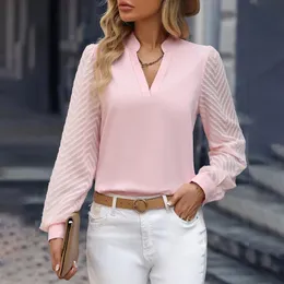 Women s Blouses Shirts Elegant Women S Solid Shirt Autumn V Neck Spliced Chiffon Long Sleeve Top Mesh Ladies Formal Blusa Mujer 231016