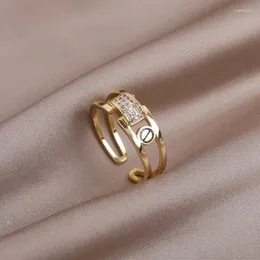 Cluster-Ringe, 14 Karat echte Vergoldung, koreanischer Modeschmuck, Zirkon, einfacher geometrischer Ring, Damen-Trend, tägliche Arbeit, Öffnung verstellbar